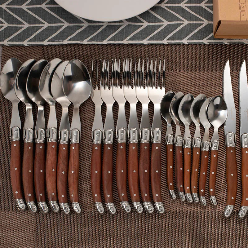 Stainless steel 24pcs cutlery set with polished finish and wooden handles 