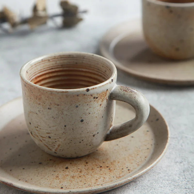 Hand-Painted ceramic coffee mug and saucer set speckled finish glazed mug