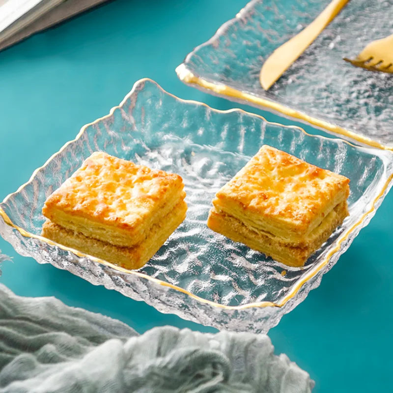 Elegant clear textured dessert plate with gold inlay for desserts appetizers