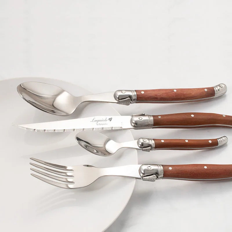 Stainless steel 24pcs cutlery set with polished finish and wooden handles 