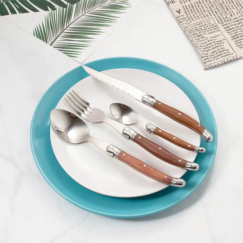 Stainless steel 24pcs cutlery set with polished finish and wooden handles 