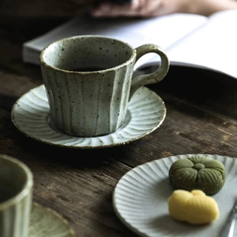 Vintage Stoneware Mug and saucer set speckled paint with ridged patter coffee and tea mug set