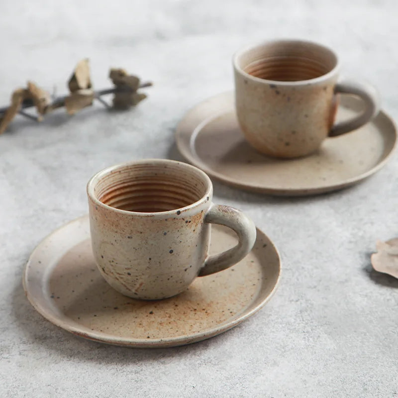 Hand-Painted ceramic coffee mug and saucer set speckled finish glazed mug