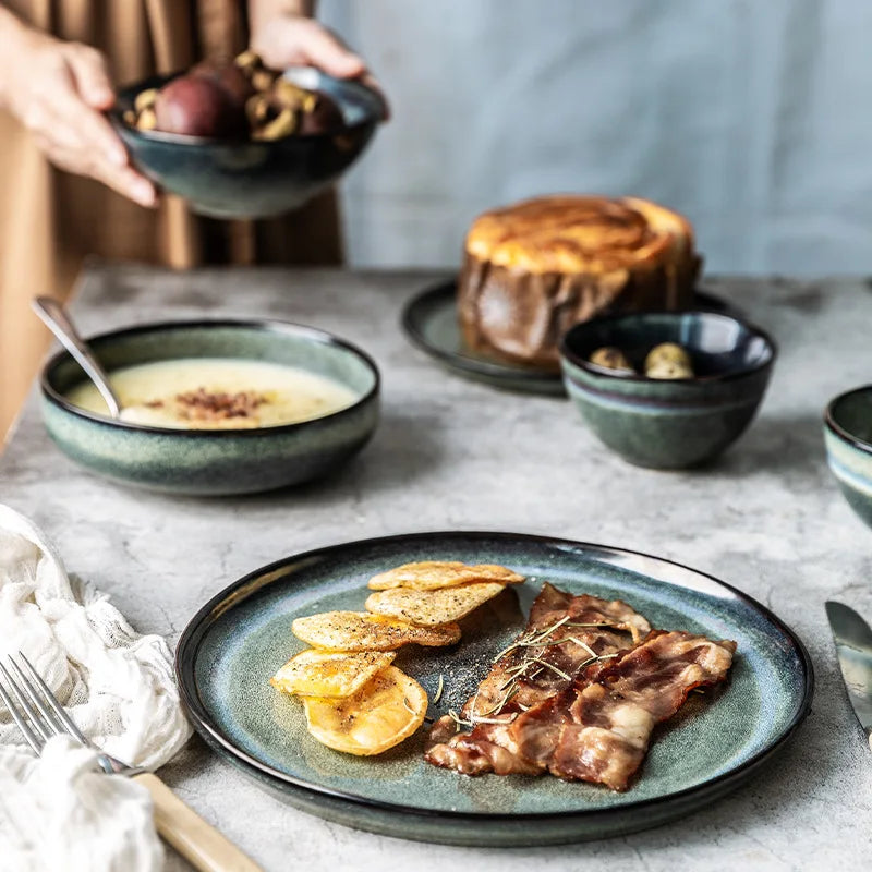 Kiln Glazed Sallow ceramic Plates Bowls gradient dinnerware in earth tones