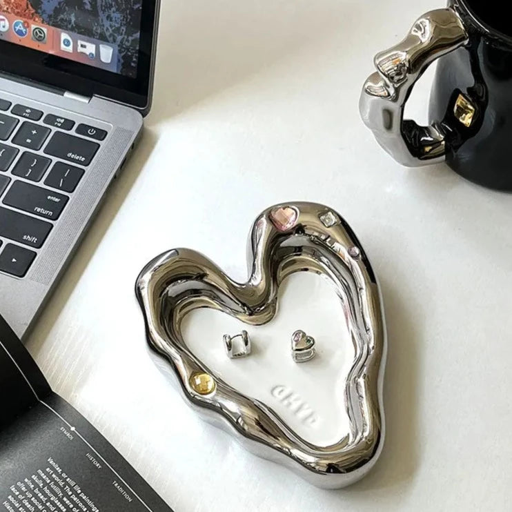 heart chrome mirror tray catch all ceramic plate