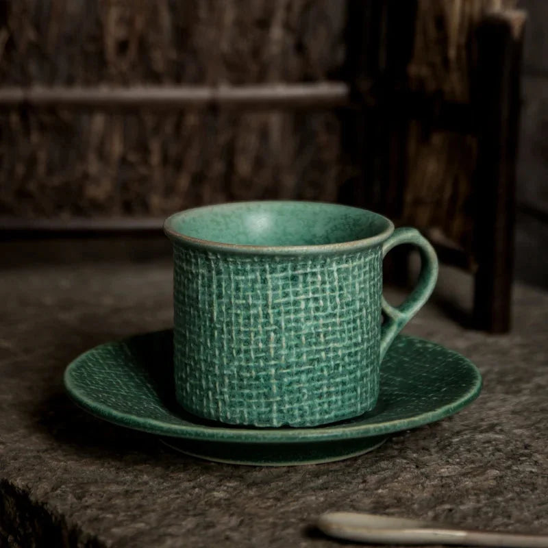 Heirloom ceramic coffee cup set with saucer vintage artisan textured mug with saucer in woven, ribbed, and swirled designs