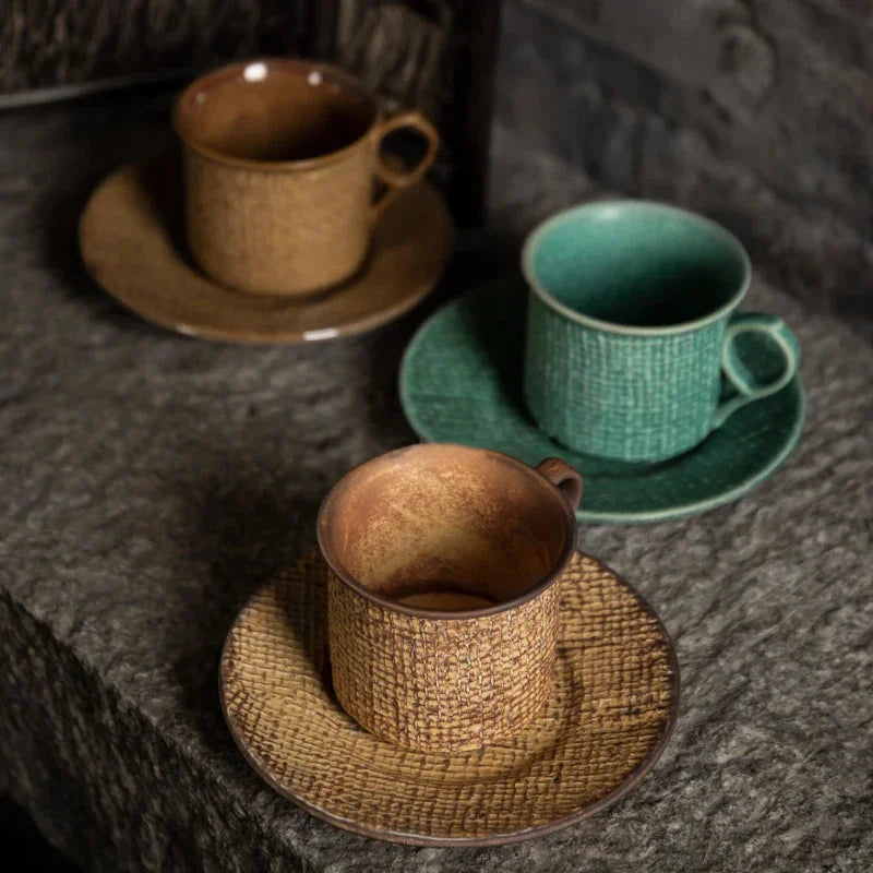 Heirloom ceramic coffee cup set with saucer vintage artisan textured mug with saucer in woven, ribbed, and swirled designs