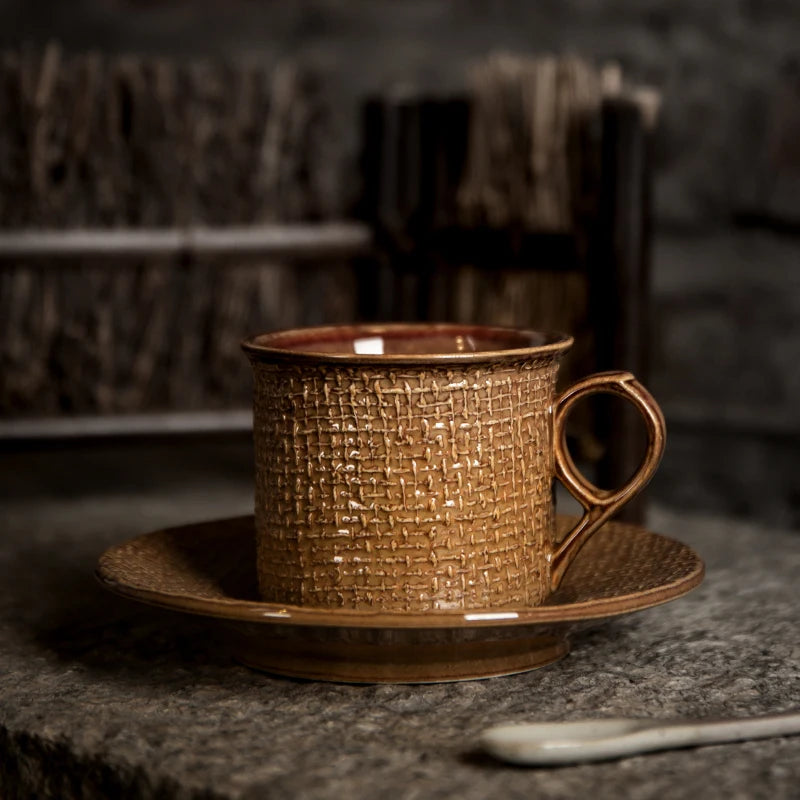 Heirloom ceramic coffee cup set with saucer vintage artisan textured mug with saucer in woven, ribbed, and swirled designs