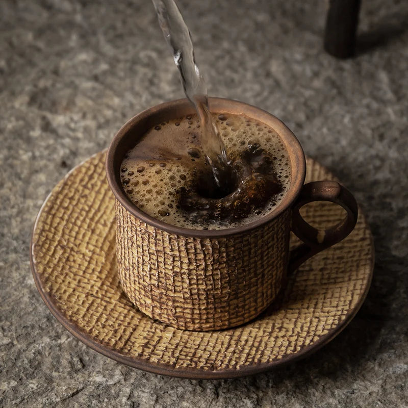 Heirloom ceramic coffee cup set with saucer vintage artisan textured mug with saucer in woven, ribbed, and swirled designs