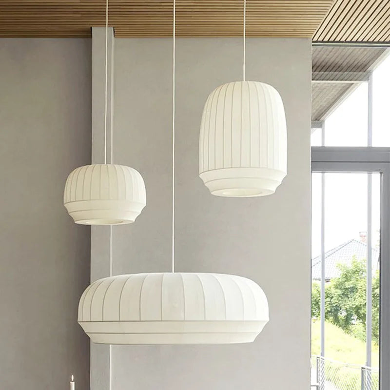 White Fabric Pendant Light Ribbed Texture Chandelier for Dining Room Living Room Café