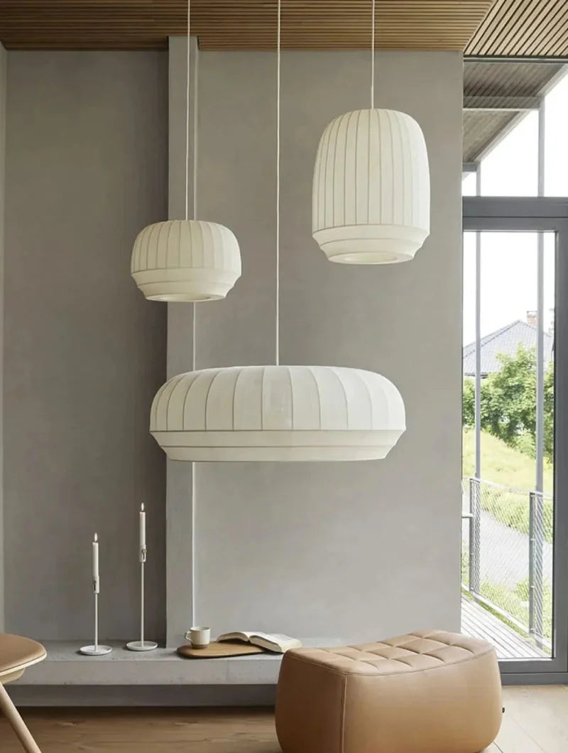 White Fabric Pendant Light Ribbed Texture Chandelier for Dining Room Living Room Café