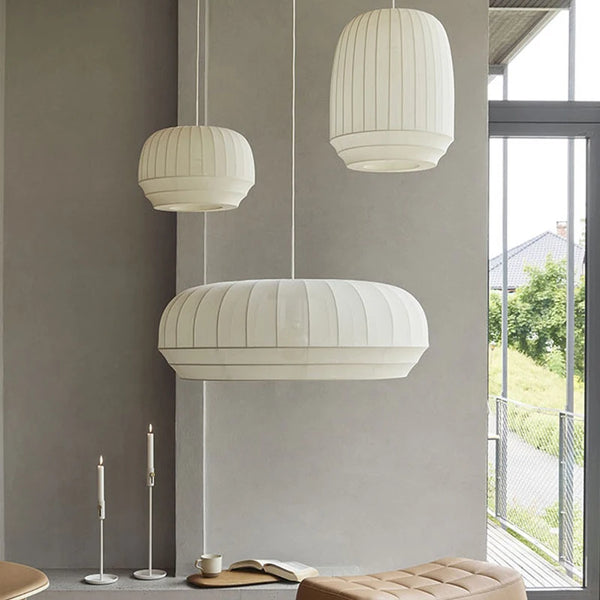 White Fabric Pendant Light Ribbed Texture Chandelier for Dining Room Living Room Café