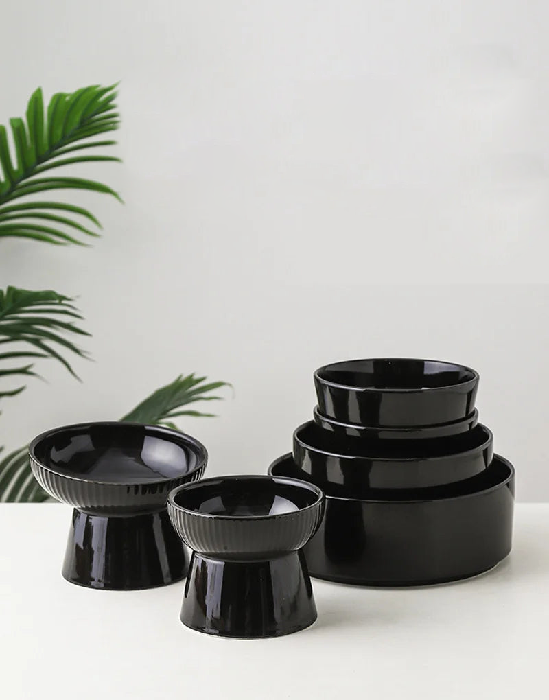 black ceramic elevated pet feeding bowl