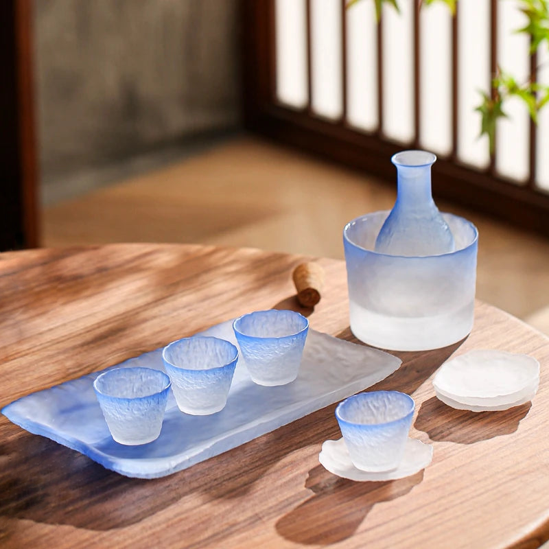 Textured frosted glass sake set in ombre blue