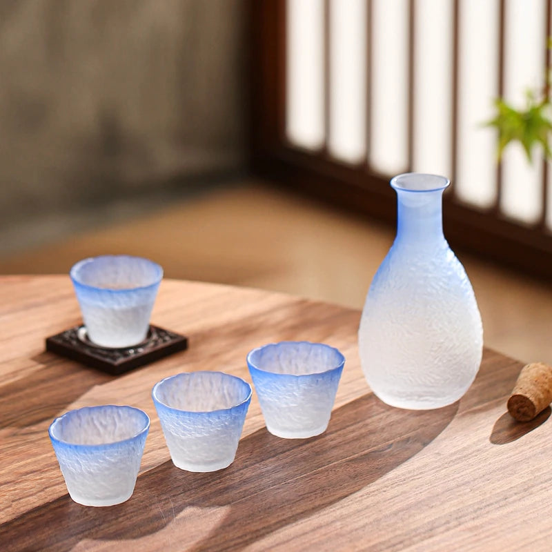 Textured frosted glass sake set in ombre blue