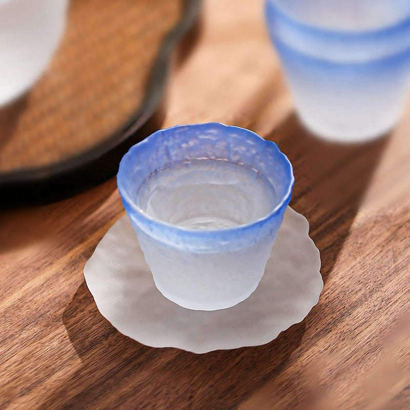 Textured frosted glass sake set in ombre blue