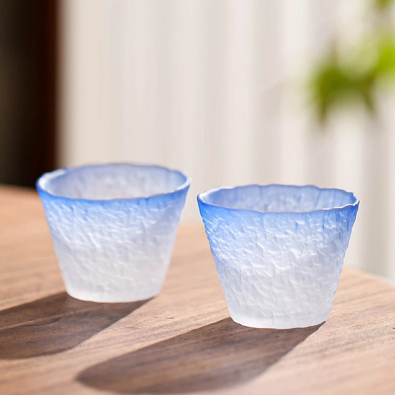 Textured frosted glass sake set in ombre blue