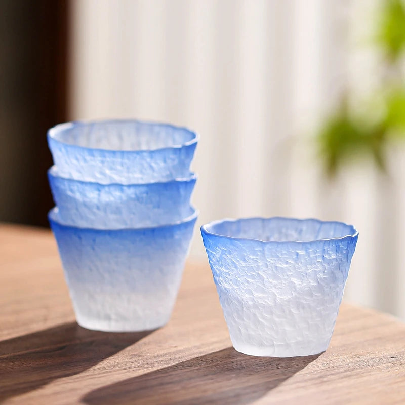 Textured frosted glass sake set in ombre blue