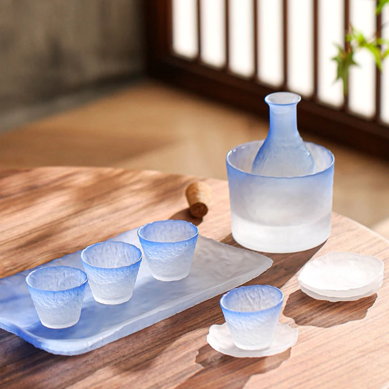 Textured frosted glass sake set in ombre blue