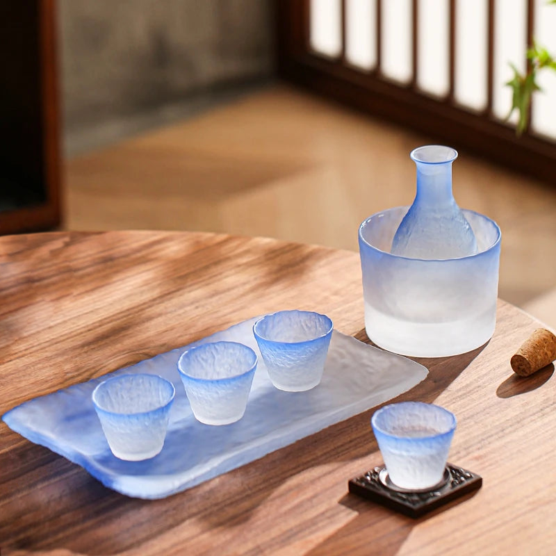 Textured frosted glass sake set in ombre blue