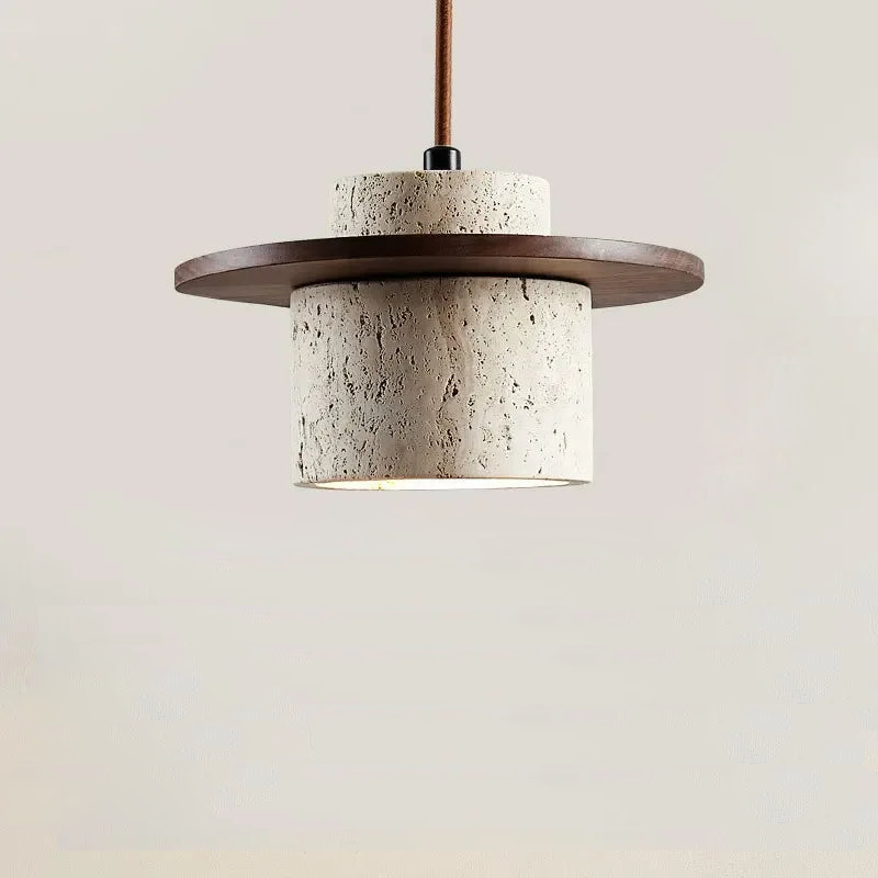 Minimalist LED pendant lamp walnut wood pendant light and travertine textured stone