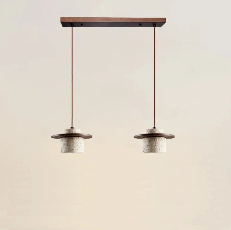 Minimalist LED pendant lamp walnut wood pendant light and travertine textured stone