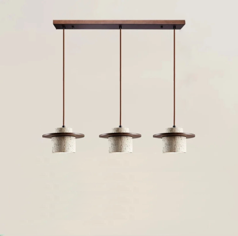 Minimalist LED pendant lamp walnut wood pendant light and travertine textured stone