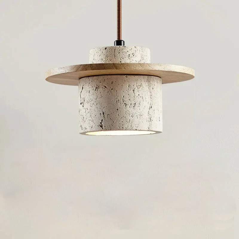 Minimalist LED pendant lamp walnut wood pendant light and travertine textured stone