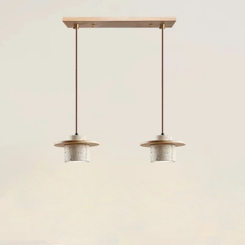 Minimalist LED pendant lamp walnut wood pendant light and travertine textured stone