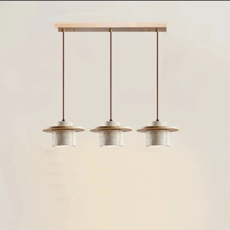 Minimalist LED pendant lamp walnut wood pendant light and travertine textured stone