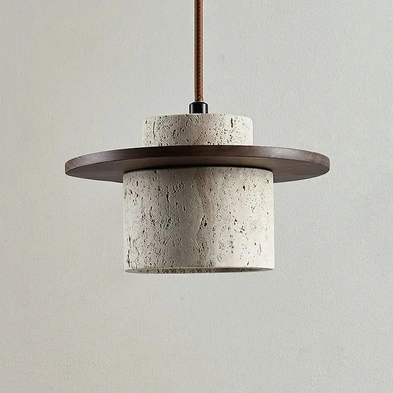 Minimalist LED pendant lamp walnut wood pendant light and travertine textured stone