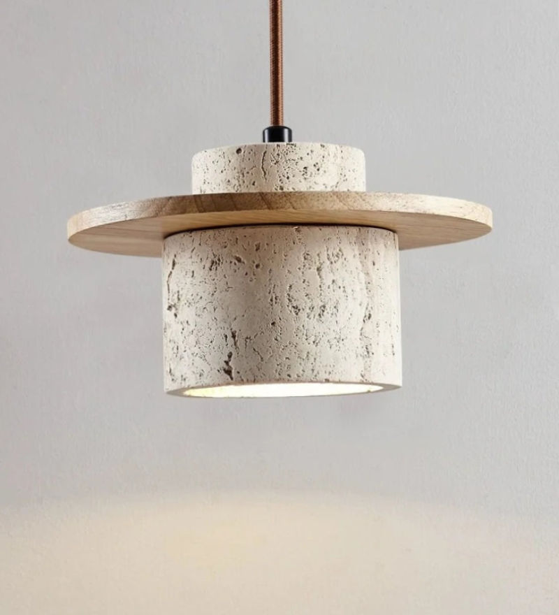 Minimalist LED pendant lamp walnut wood pendant light and travertine textured stone