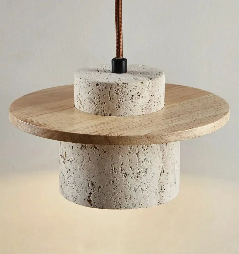 Minimalist LED pendant lamp walnut wood pendant light and travertine textured stone