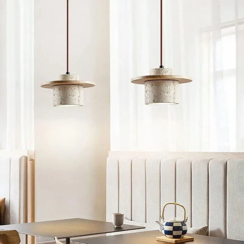 Minimalist LED pendant lamp walnut wood pendant light and travertine textured stone