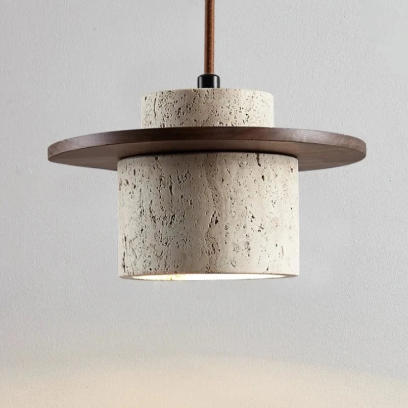 Minimalist LED pendant lamp walnut wood pendant light and travertine textured stone