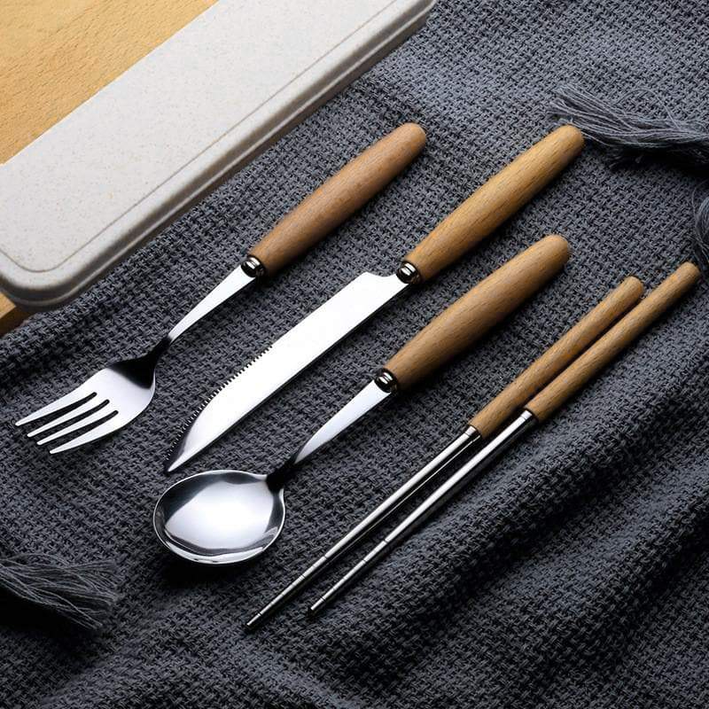 Silver Stainless Steel Flatware with Dark Wood Handle 5pc set