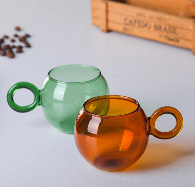 Orbit ring glass mug rounded glass cup with ring handle stackable coffee tea glass cups