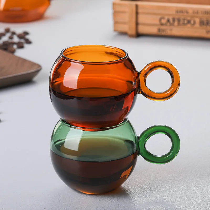 Orbit ring glass mug rounded glass cup with ring handle stackable coffee tea cups