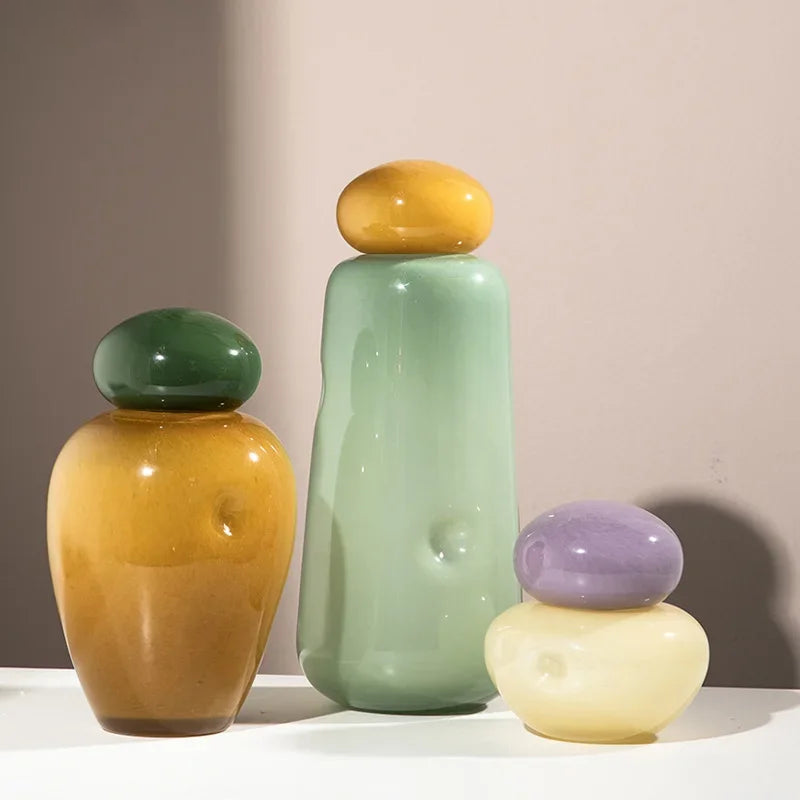 Elliptical Colored Pebble Stone Glass Vase