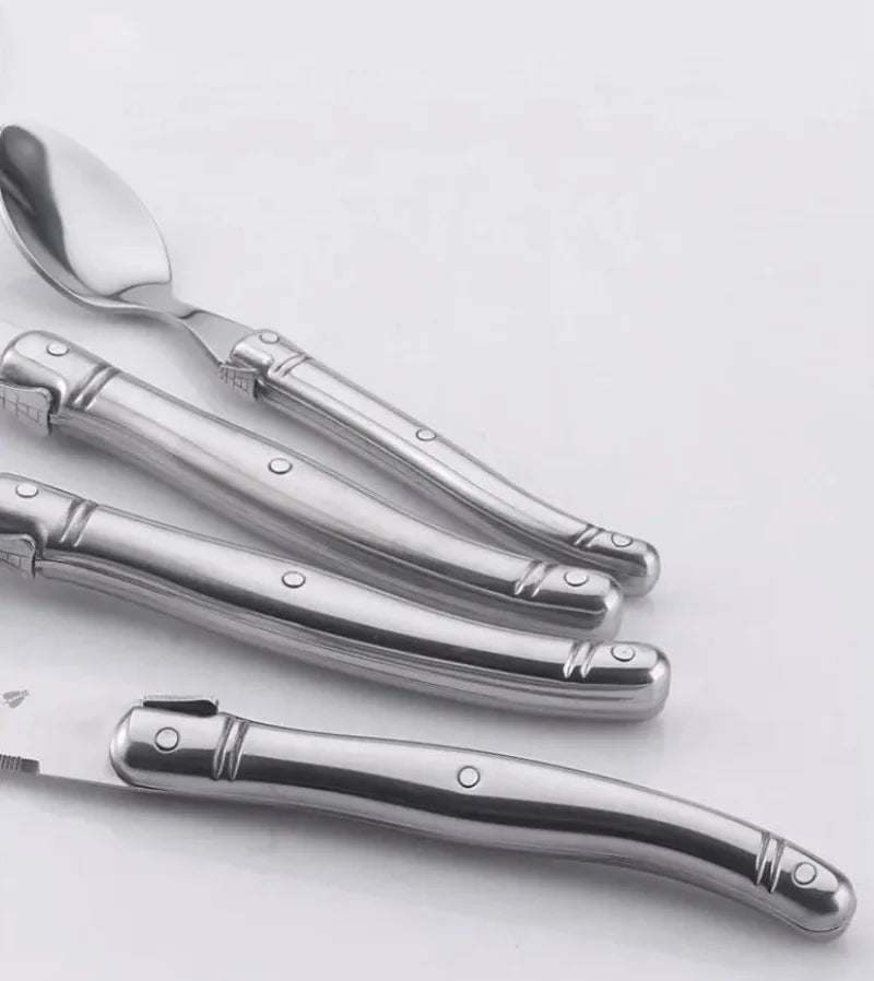 Elegant stainless steel flatware set with a polished finish, ergonomic handles, and precision steak knives