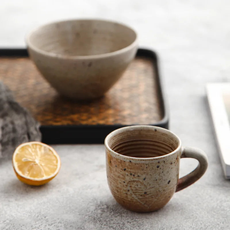 Hand-Painted ceramic coffee mug and saucer set speckled finish glazed mug