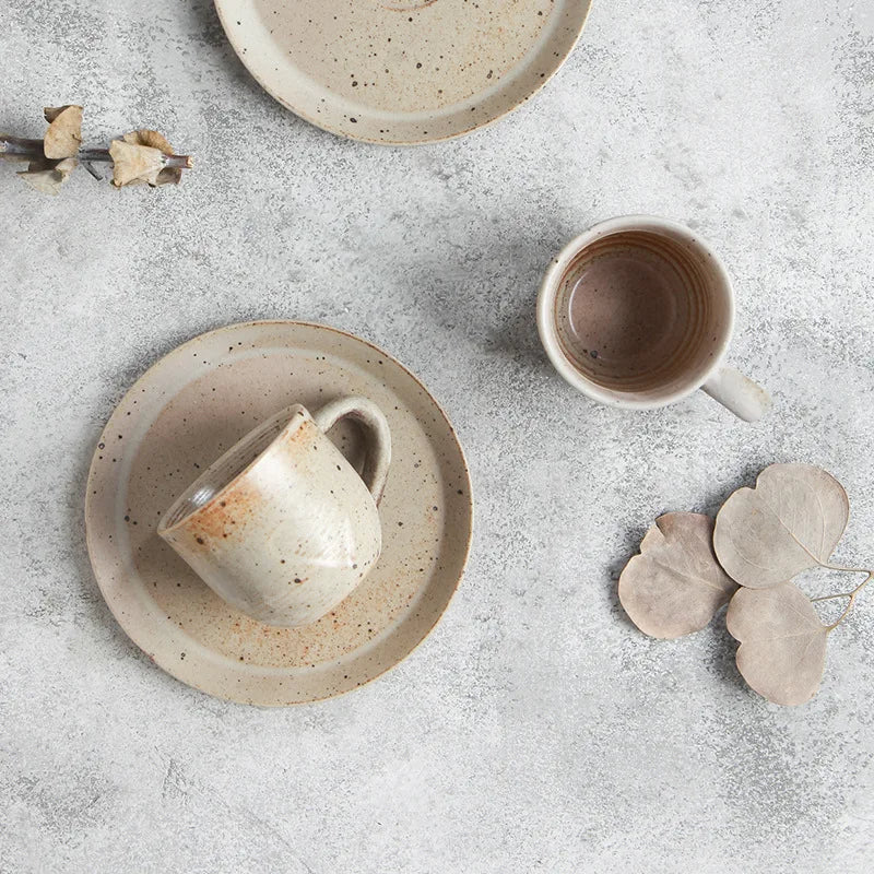 Hand-Painted ceramic coffee mug and saucer set speckled finish glazed mug