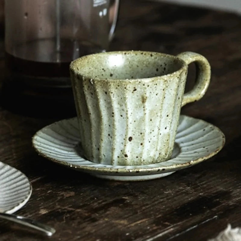 Vintage Stoneware Mug and saucer set speckled paint with ridged patter coffee and tea mug set