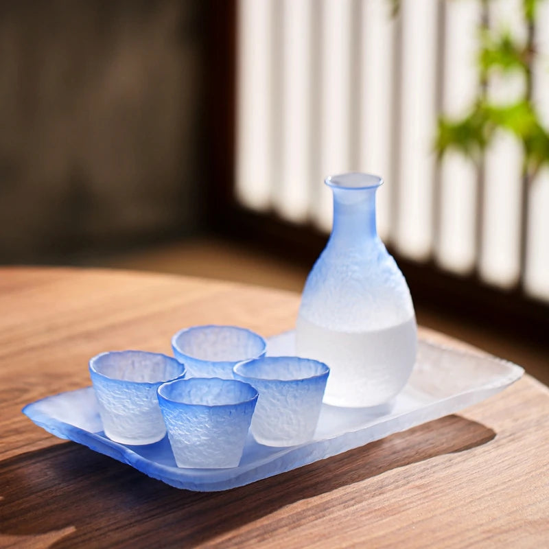 Textured frosted glass sake set in ombre blue