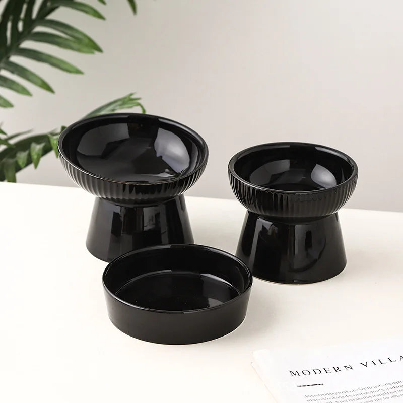 black ceramic elevated pet feeding bowl