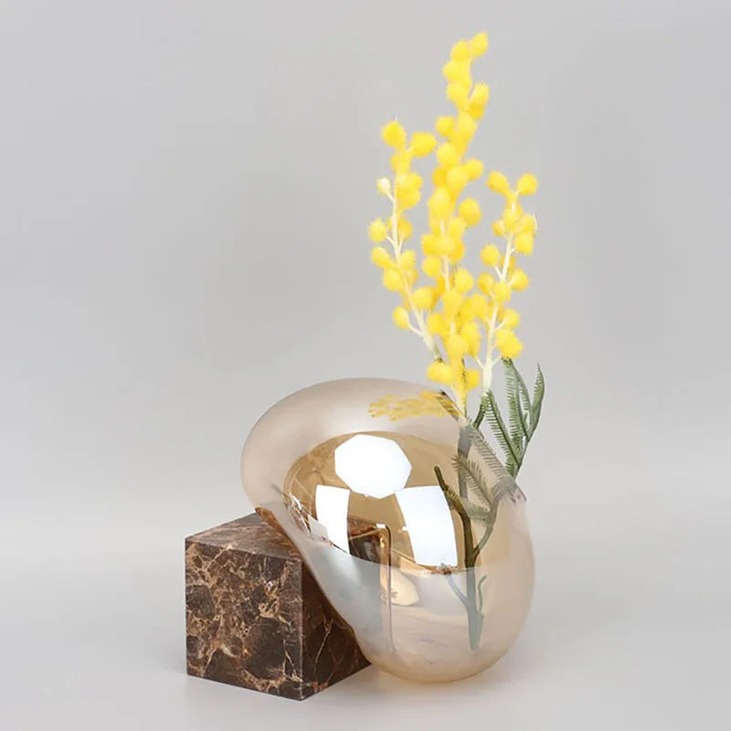 Transparent Amber Brown Glass Vase Orb-Shaped Vase with Marble Vase for Flower Decor