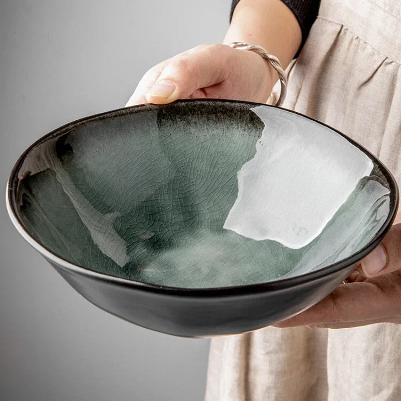 Elegant ice crack glaze ceramic salad bowl in moss green ramen salads large dishes handcrafted dinnerware