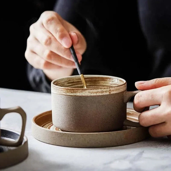 Retro Pottery Coffee Cup Set Handcrafted ceramic coffee cup with saucer in rustic earth tones