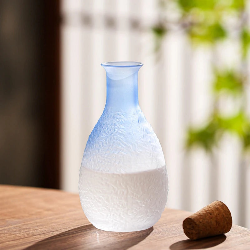 Textured frosted glass sake set in ombre blue