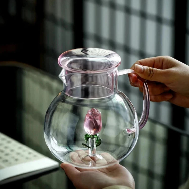 3D Rose Blossom Glass Cup & Pitcher Set